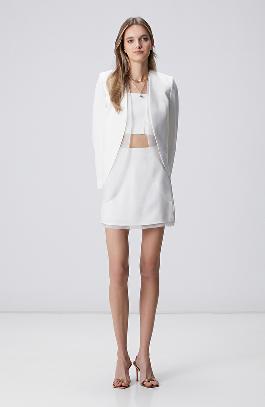 Kırık Beyaz Desenli Mini Abiye Etek