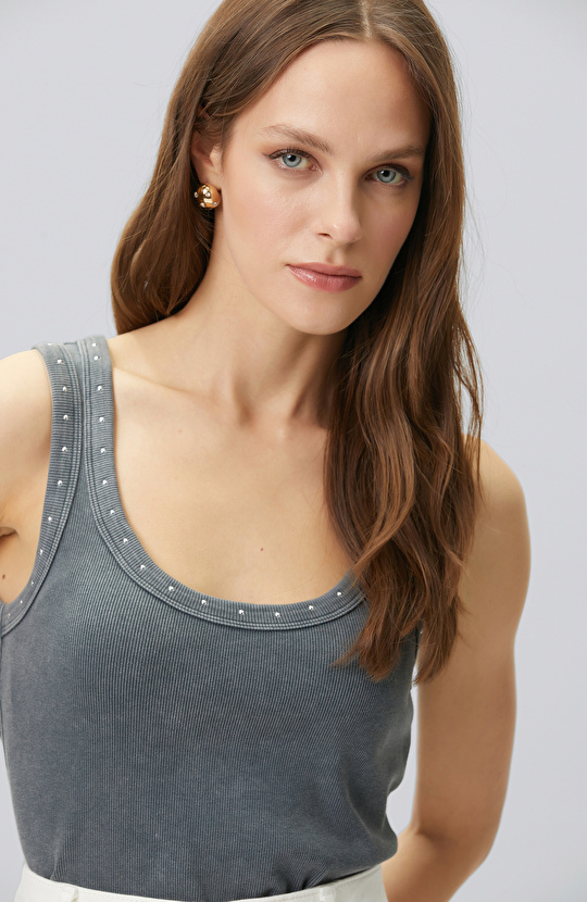 Antrasit Taş Baskılı T-shirt