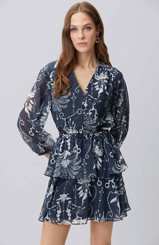Lacivert Royal Desen Mini Şifon Elbise