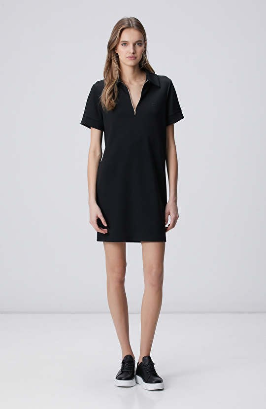 Siyah Kısa Kol Polo Yaka Mini Boy Örme Elbise