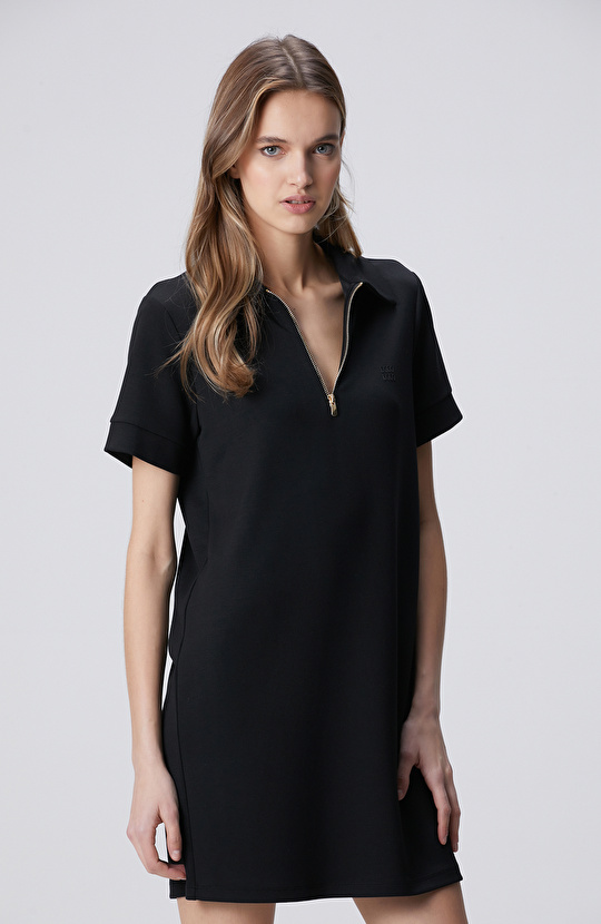 Siyah Kısa Kol Polo Yaka Mini Boy Örme Elbise
