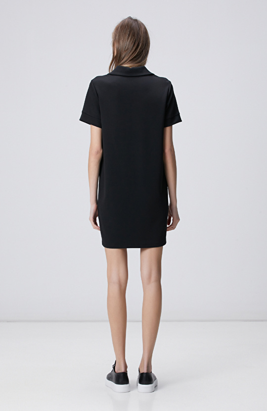 Siyah Kısa Kol Polo Yaka Mini Boy Örme Elbise