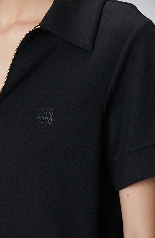 Siyah Kısa Kol Polo Yaka Mini Boy Örme Elbise