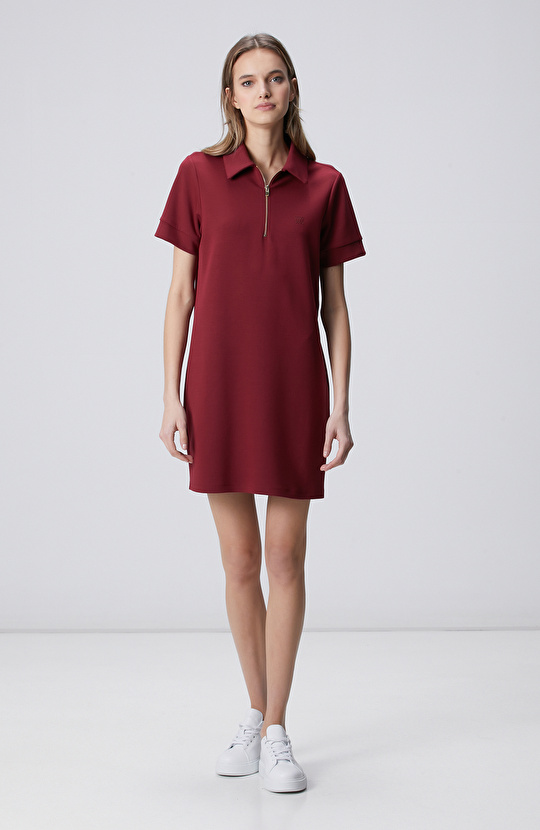 Vişne Kısa Kol Polo Yaka Mini Boy Örme Elbise