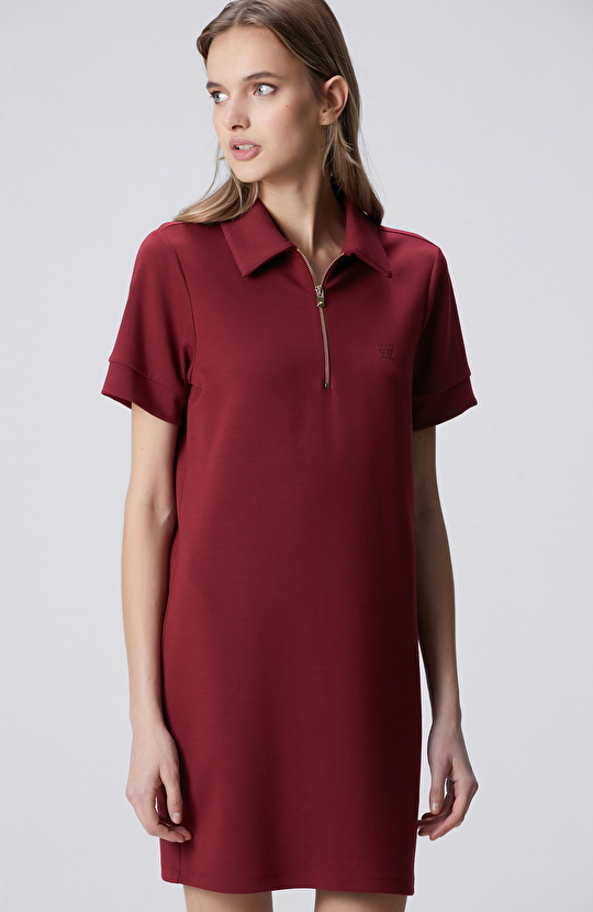 Vişne Kısa Kol Polo Yaka Mini Boy Örme Elbise