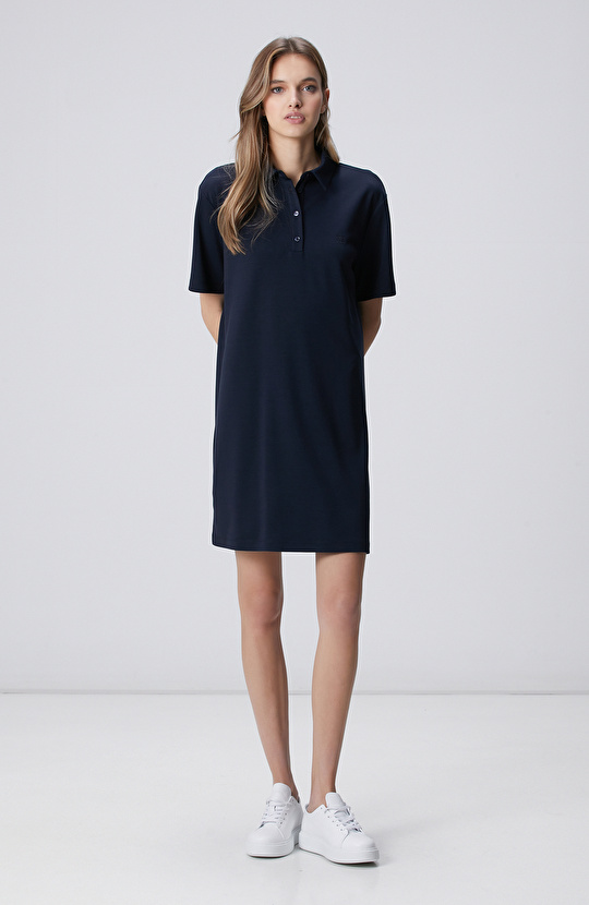 Lacivert Polo Yaka Yırtmaç Detaylı Örme Elbise