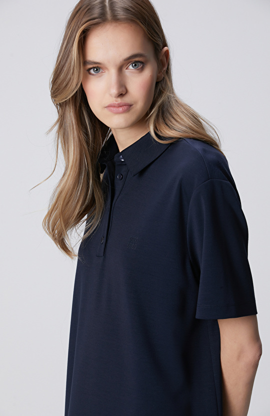 Lacivert Polo Yaka Yırtmaç Detaylı Örme Elbise