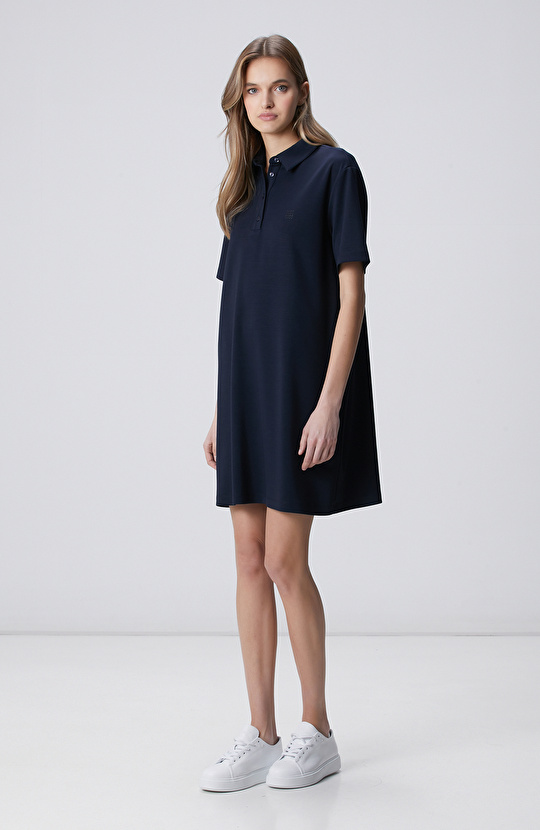 Lacivert Polo Yaka Yırtmaç Detaylı Örme Elbise