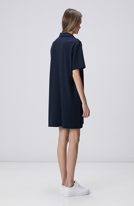 Lacivert Polo Yaka Yırtmaç Detaylı Örme Elbise