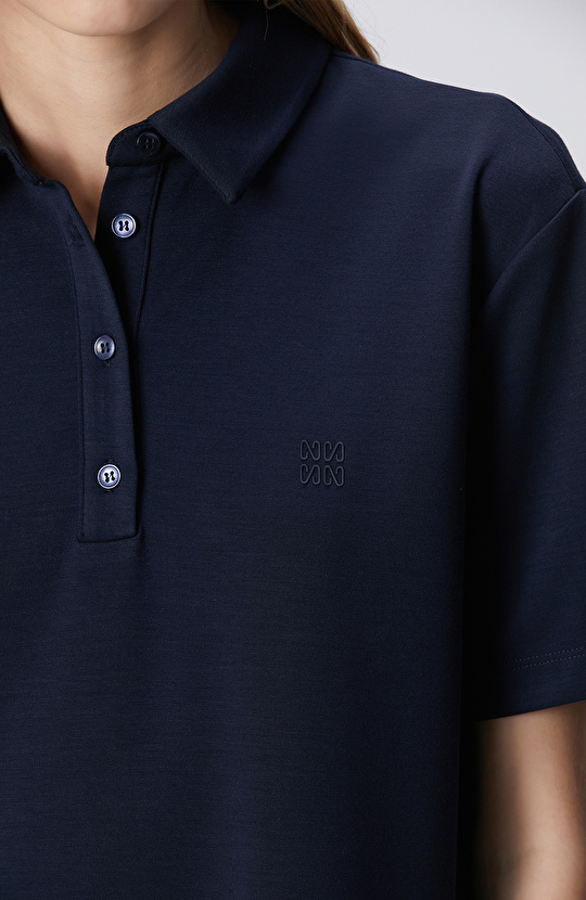 Lacivert Polo Yaka Yırtmaç Detaylı Örme Elbise