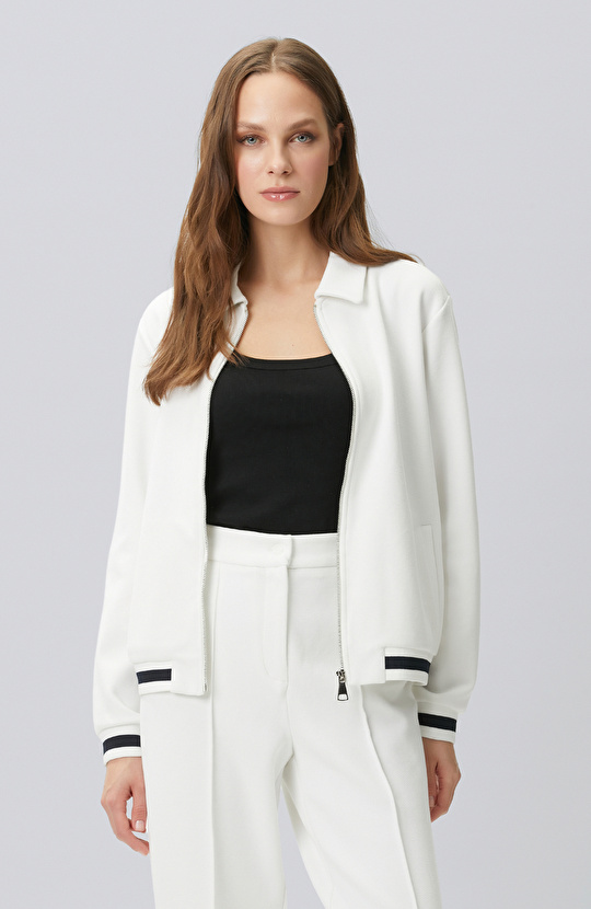 Kırık Beyaz Triko Ribanalı Sweatshirt