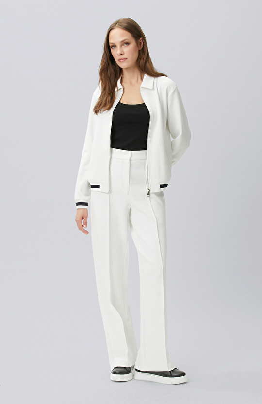 Kırık Beyaz Triko Ribanalı Sweatshirt