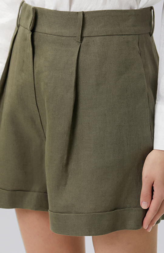 Khaki Double Leg Linen Shorts