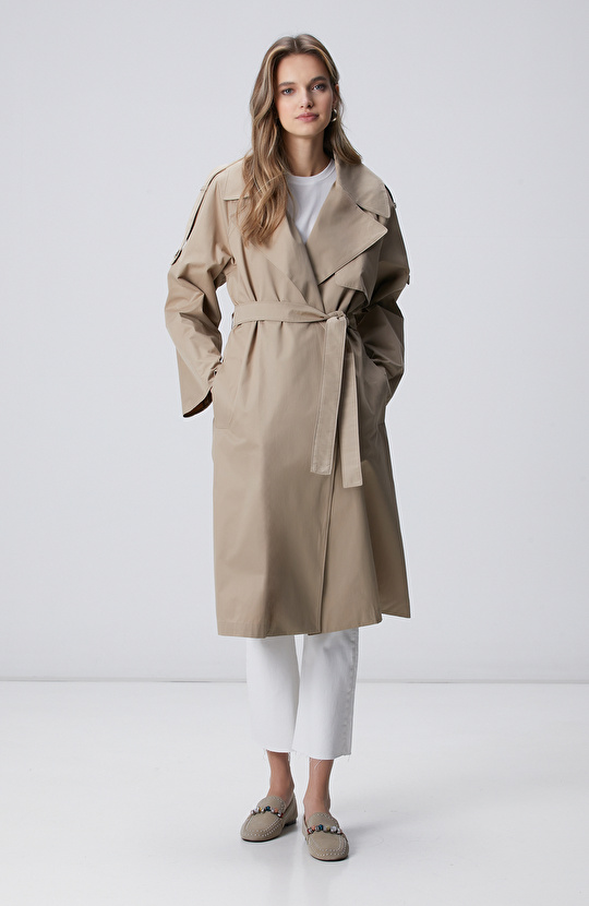 Açık Bej Beli Kuşaklı Pardösü