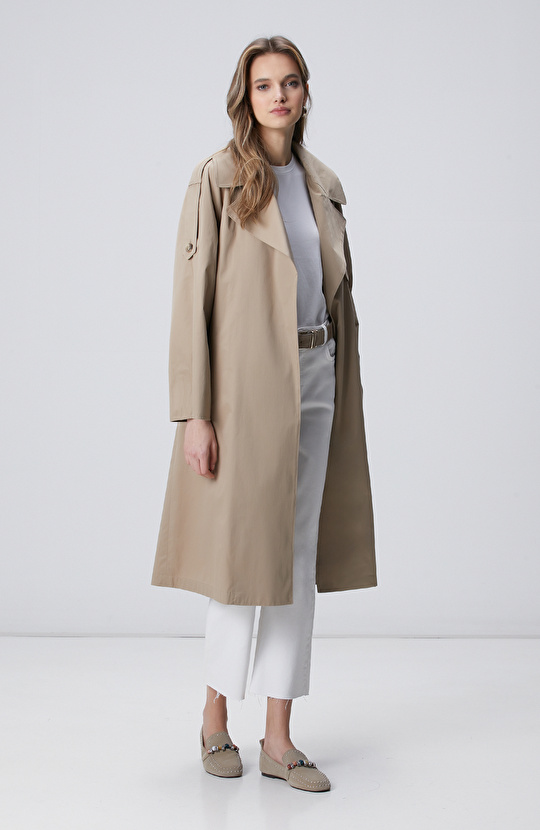 Açık Bej Beli Kuşaklı Pardösü