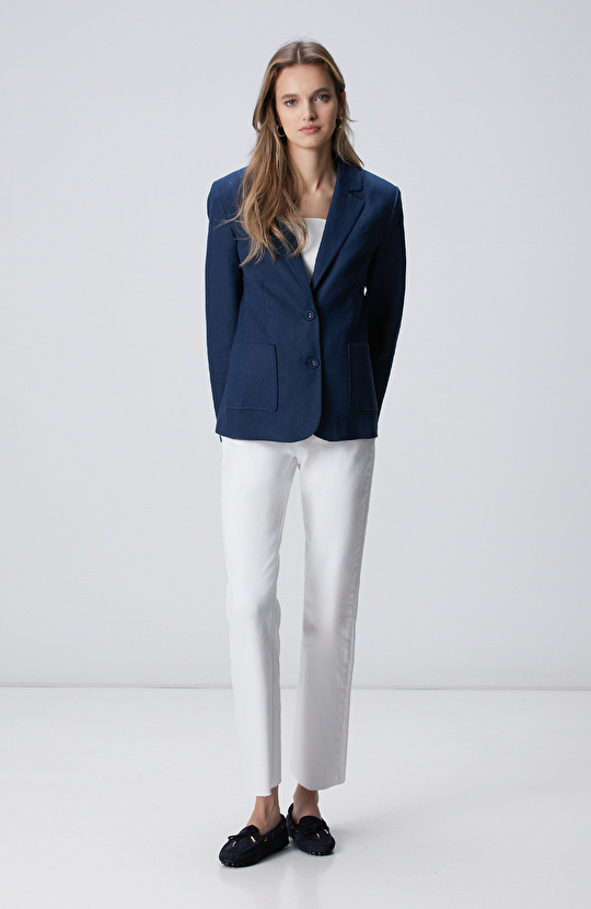 Lacivert Torba Cep Detaylı Keten Ceket