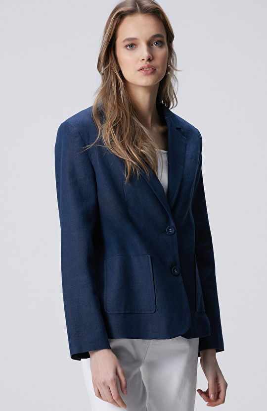 Lacivert Torba Cep Detaylı Keten Ceket