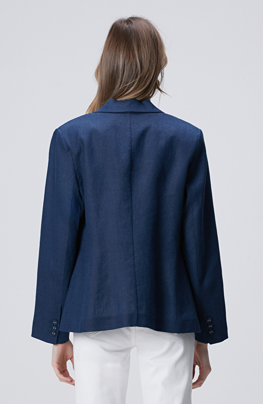 Lacivert Torba Cep Detaylı Keten Ceket