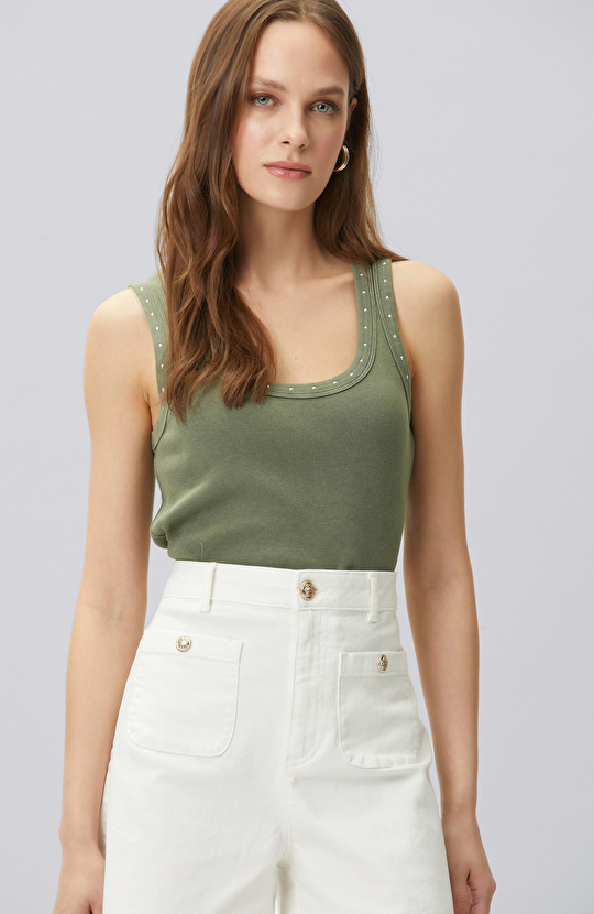 Haki Taş Baskılı T-shirt