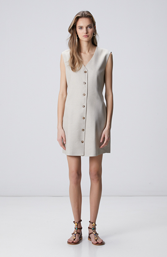 Naturel Diz Boy Keten Karışımlı Elbise