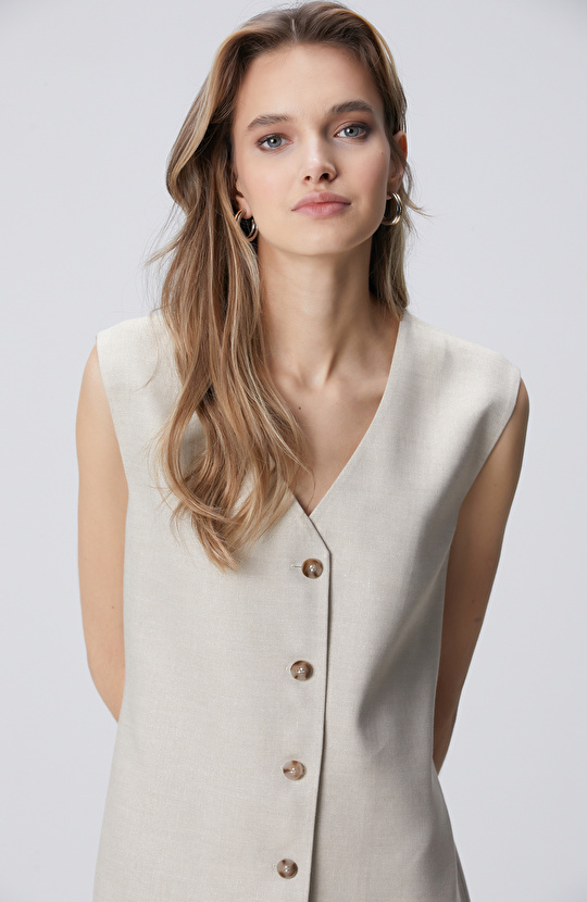 Naturel Diz Boy Keten Karışımlı Elbise