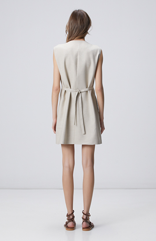 Naturel Diz Boy Keten Karışımlı Elbise