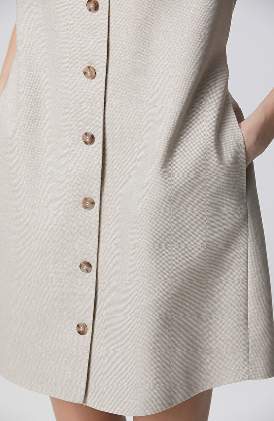 Naturel Diz Boy Keten Karışımlı Elbise