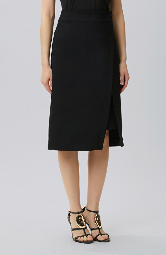 Black Double Breasted Closure Below the Knee Length Skirt