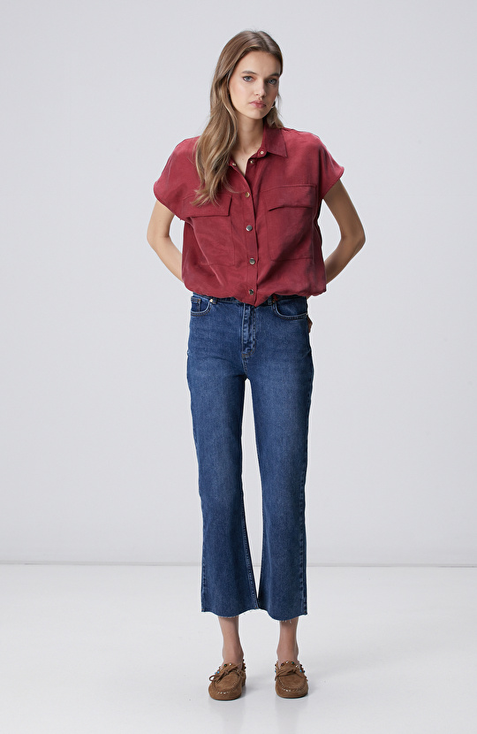 Vişne Çift Cep Detaylı Çıtçıtlı Gömlek