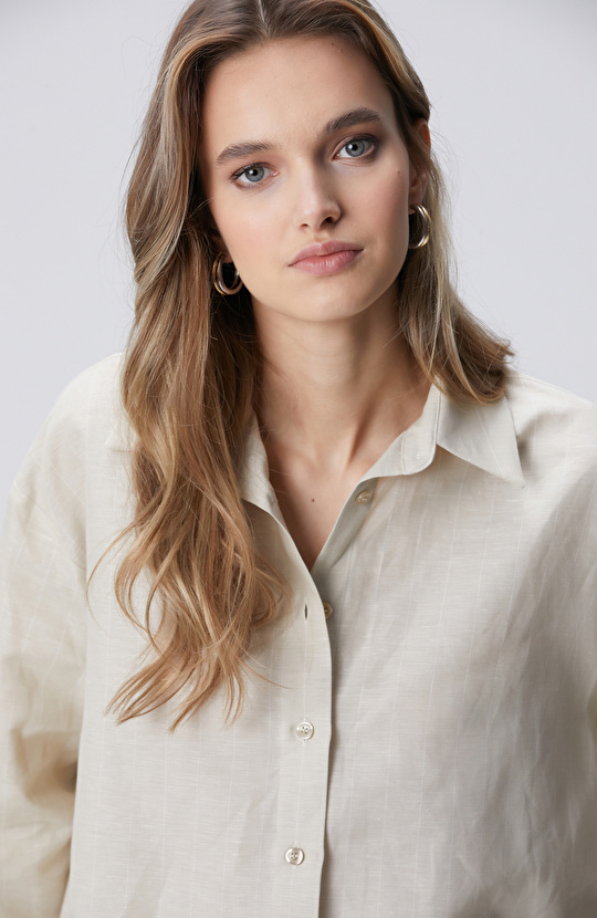 Bej Keten Mix Gömlek