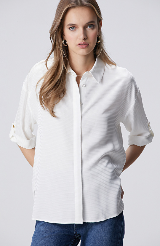 Kırık Beyaz Çizgi Jakarlı Truvakar Kol Gömlek