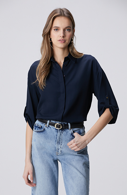 Lacivert Çizgi Jakarlı Truvakar Kol Gömlek