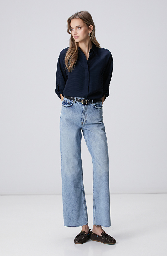 Lacivert Çizgi Jakarlı Truvakar Kol Gömlek