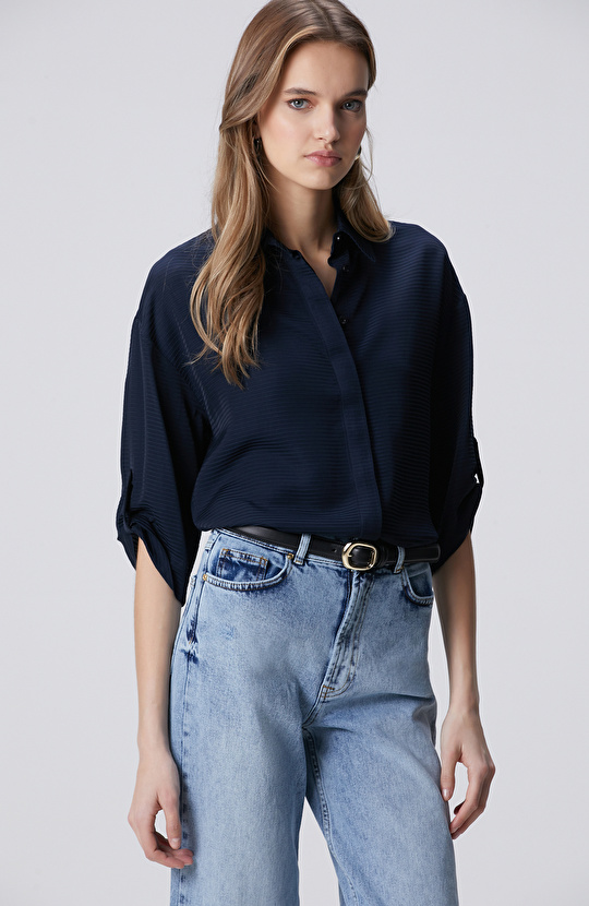 Lacivert Çizgi Jakarlı Truvakar Kol Gömlek