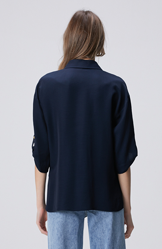 Lacivert Çizgi Jakarlı Truvakar Kol Gömlek