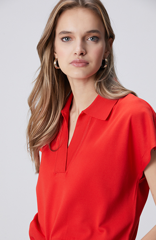 Kırmızı Polo Yaka Basic Kazak