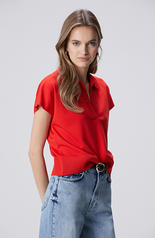 Kırmızı Polo Yaka Basic Kazak