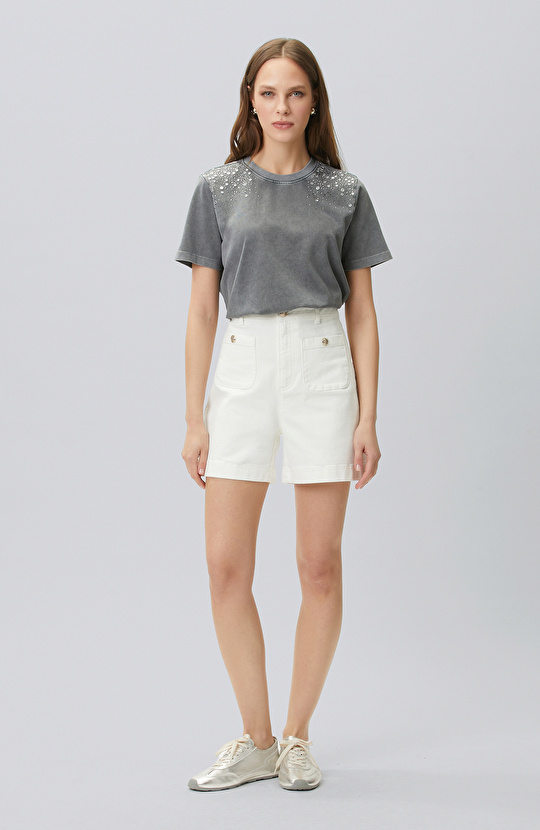 Antrasit Omuz Taş Baskılı T-shirt