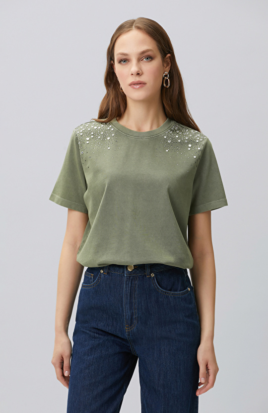 Khaki Shoulder Stone Printed T-shirt