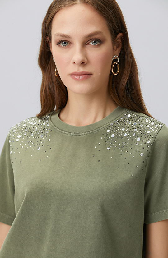 Khaki Shoulder Stone Printed T-shirt