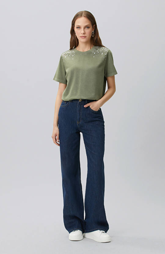 Khaki Shoulder Stone Printed T-shirt