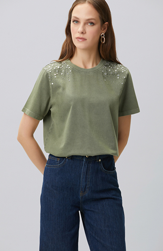 Khaki Shoulder Stone Printed T-shirt