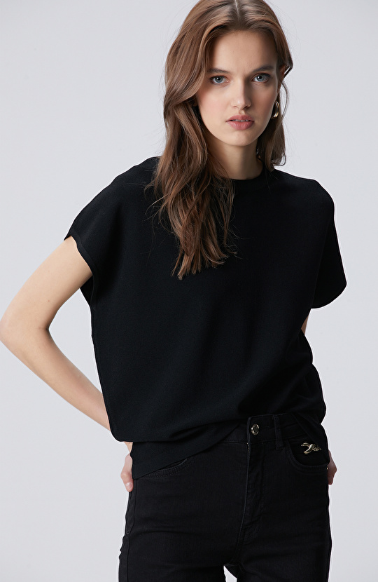 Siyah Bisiklet Yaka Kısa Kol Kazak