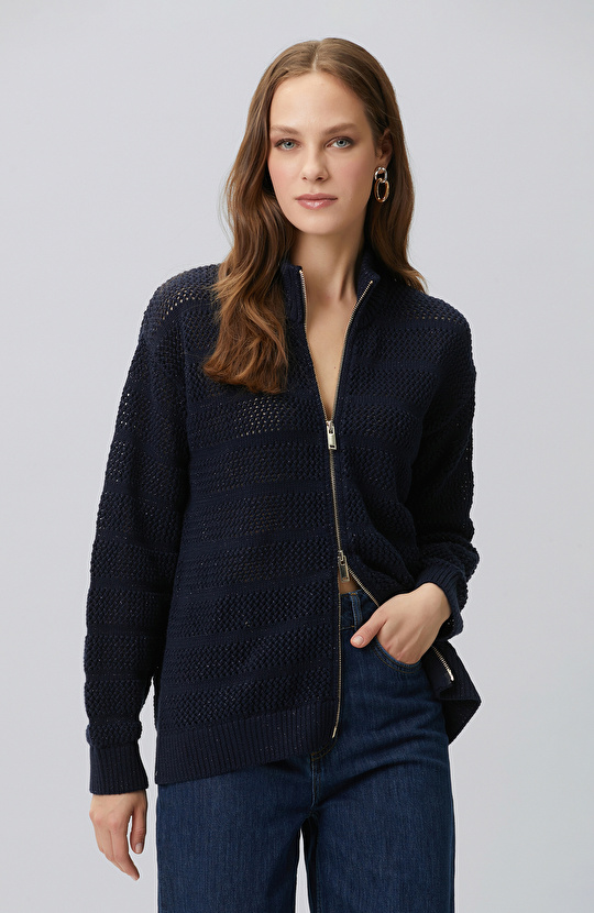 Navy Blue Silvery Openwork Cardigan