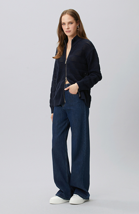 Navy Blue Silvery Openwork Cardigan