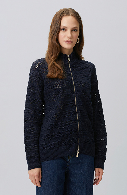 Navy Blue Silvery Openwork Cardigan