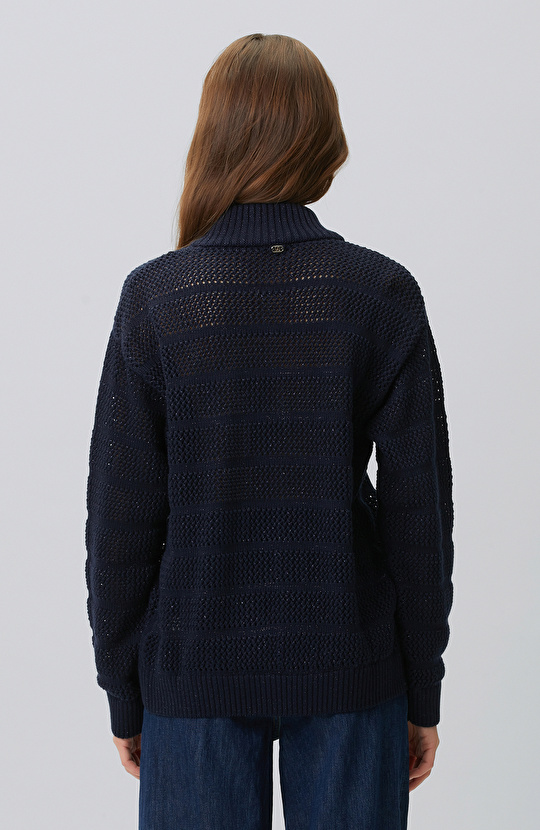 Navy Blue Silvery Openwork Cardigan