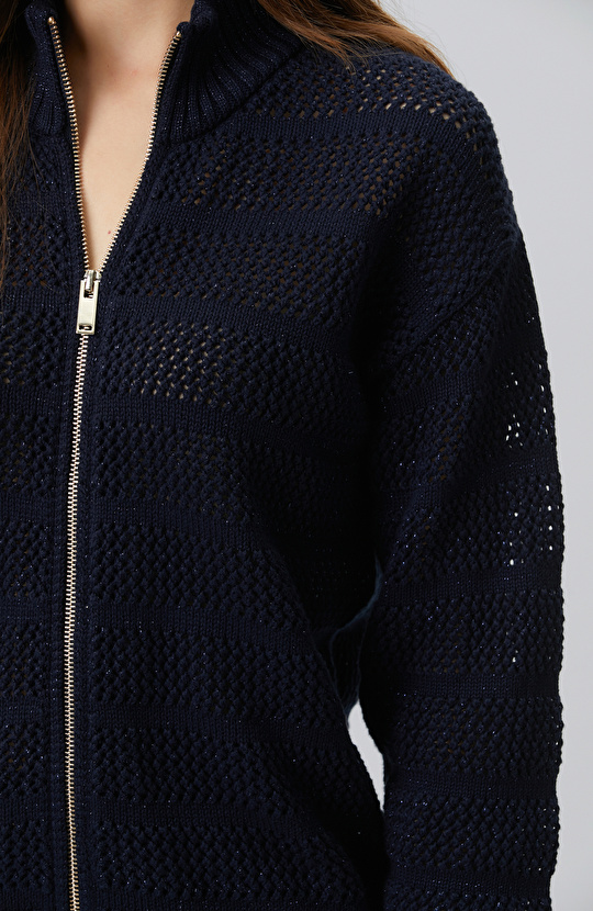 Navy Blue Silvery Openwork Cardigan
