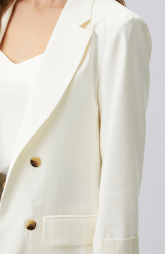 White Open Double Breasted Sleeve End Patterned Lined Jacket