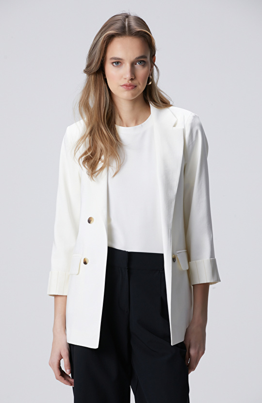 Beyaz Açık Kruvaze Kol Ucu Desenli Astarlı Ceket